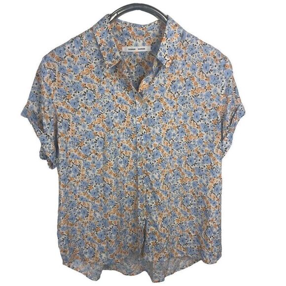 Samsoe & Samsoe Blue Yellow Floral Apricot Blossom Majan Button Up Top L Viscose - Picture 1 of 8